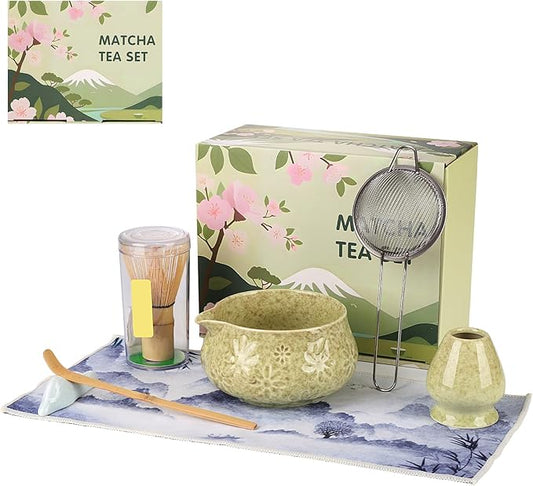 Matcha Whisk Set, 7 Pcs Matcha Kit Includes Matcha Bowl, Whisk and Holder, Bamboo Scoop, Scoop Rest, Sifter and Tea Towel, Gift for Matcha Lover (Mottled Green)