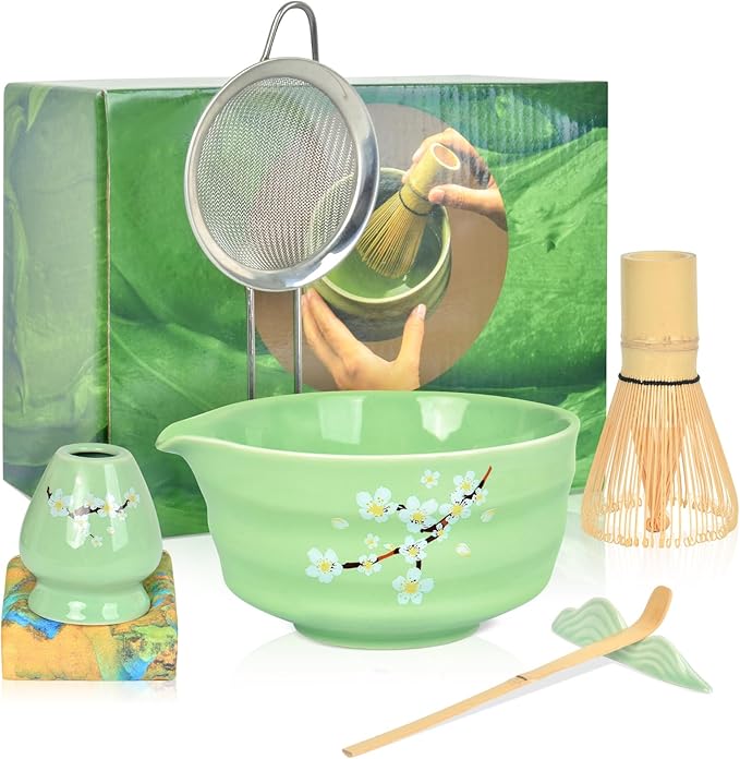 Matcha Whisk Set, 7 Pcs Ceramic MatchaSet with Matcha Bowl, Matcha Whisk and Holder, Bamboo Scoop, Scoop Rest, Sifter and Tea Towel (Green)