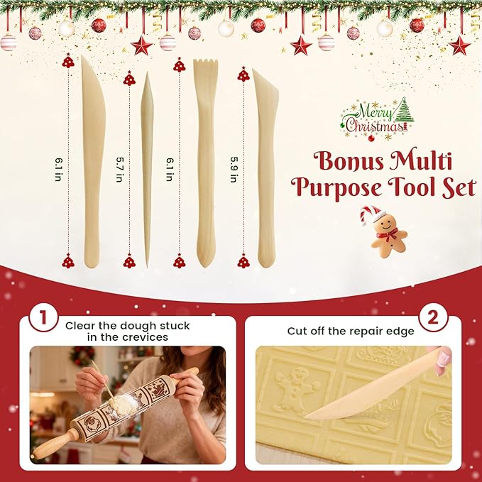 Gobam Embossed Rolling Pin for Cookies, Engraved Wooden Rolling Pin for Baking, Deep Pattern Cookie Roller for Christmas, Holiday, DIY Kitchen Decor and Gift - Christmas Classic