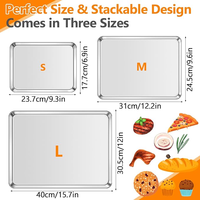 Baking Sheet Set of 3, Stainless Steel Baking Sheet Pan Set, Cookie Sheets for Baking, Cookie Tray for Roasting, Heavy Duty & Easy Clean & Dishwasher Safe, 9/12/16 Inch