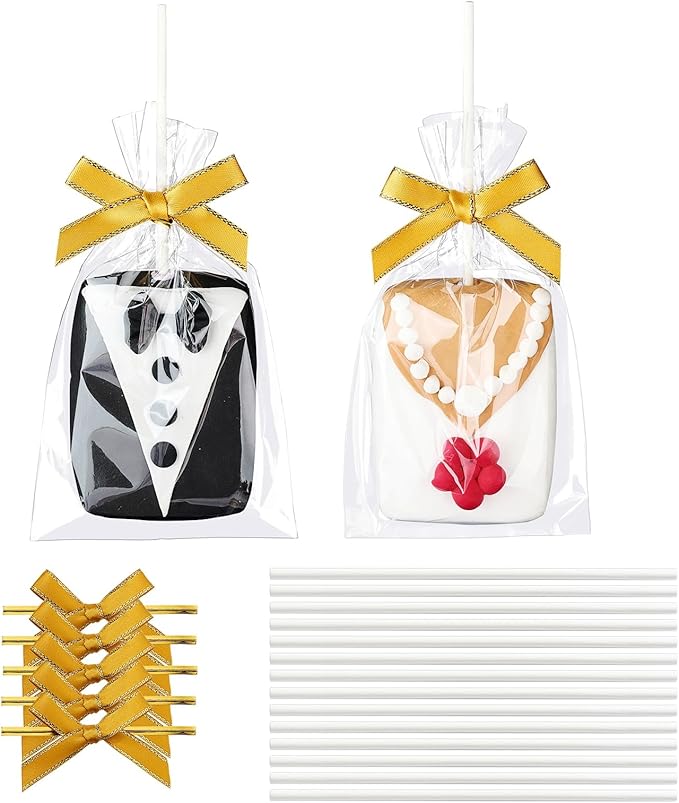 RomanticBaking 50 Sets Clear Rice Krispie Treat Bags with Gold Ribbon Bow and Stick & Flat Cellophane Clear Bags for Rice Krispie Treats Gift Giving Bag(Gold)