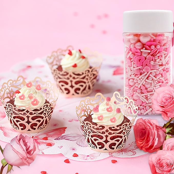 LEBERY Pink Sprinkles Edible Heart Shaped Sprinkle Pink Jimmies for Baking Pastel Pearl Sprinkles Mixed Valentine Sprinkle for Cake Decorating Cookie Ice Cream Donut - 3 oz