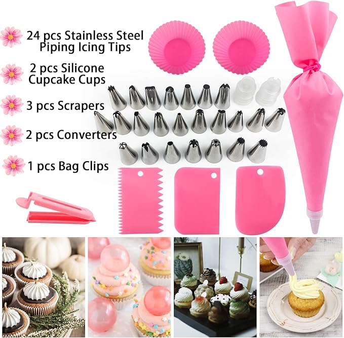 36Pcs Pink Piping Bags & Tips Set,24 Stainless Steel Nozzle Icing Tips With 2 Reusable Silicone Pastry Bag,Icing Smoother,Silicone Baking Cups,2Couplers Cake Decorating Tools Kit For Baking Decorating