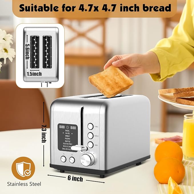2-Slice Stainless Steel Toaster with Single Slice Function, 8 Bread Types & 6 Browning Levels, Timer Count-down Display, Defrost, Reheat and Cancel Setting with LED Lighting, Extra Lifting, 825W