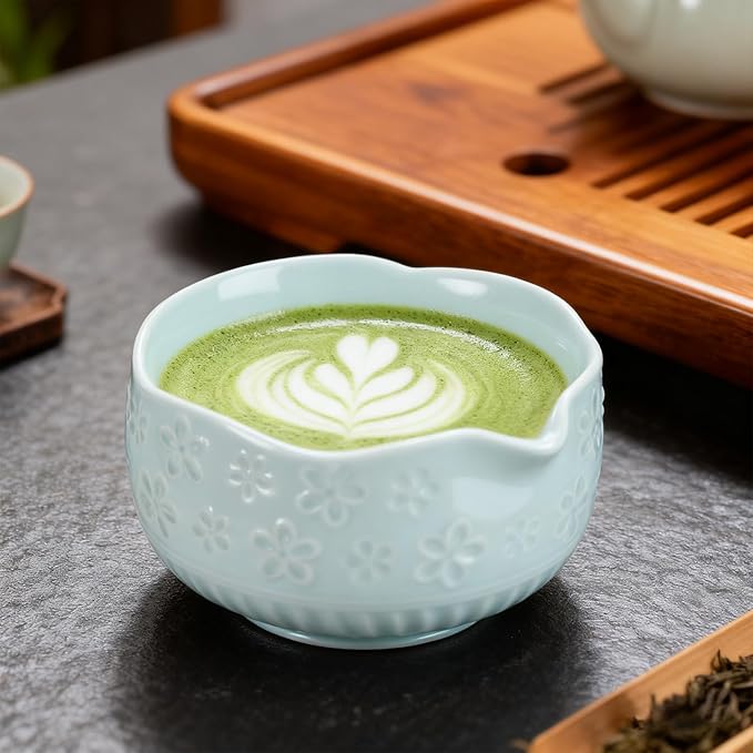 Matcha Set, 9 Pcs Ceramic Matcha Set Includes Bowl, Whisk and Holder, Bamboo Scoop, Scoop Rest, Sifter and Tea Towel ect- Complete Kit for Traditional Matcha, Modern Lattes (Blue)