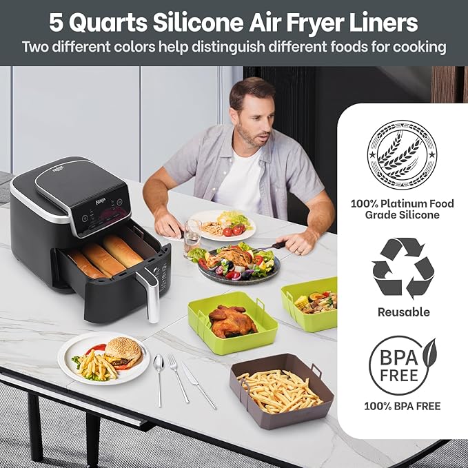 5QT Air Fryer Silicone Liners for Ninja AF141/AF142/AF181/AF182 & COSORI CAF-L501, 2 Pack BPA Free Platinum Silicone Basket, Square Reusable Air Fryer Liners with Handle, Upgrade