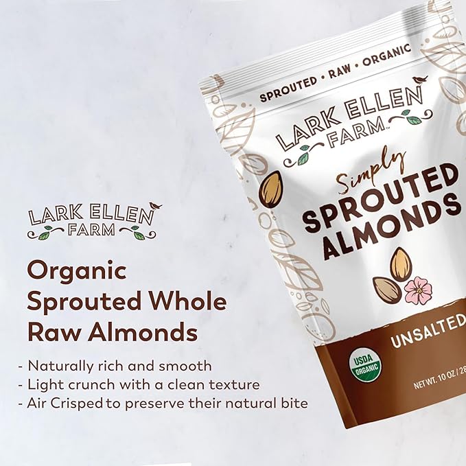 Lark Ellen Farm Organic Sprouted Almonds, Unsalted – USDA Organic, Raw, Vegan, Gluten-Free, Non-GMO, Paleo-Friendly, Plant-Based Protein Snack, Resealable Bag to Retain Freshness, 10 oz (3-Pack)