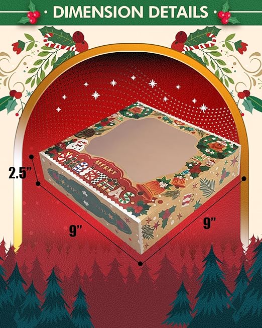 qiqee Christmas Kraft Cookie Boxes with Window 30packs 9x9x2.5 Inch Bakery Box Pastry Box for Christmas