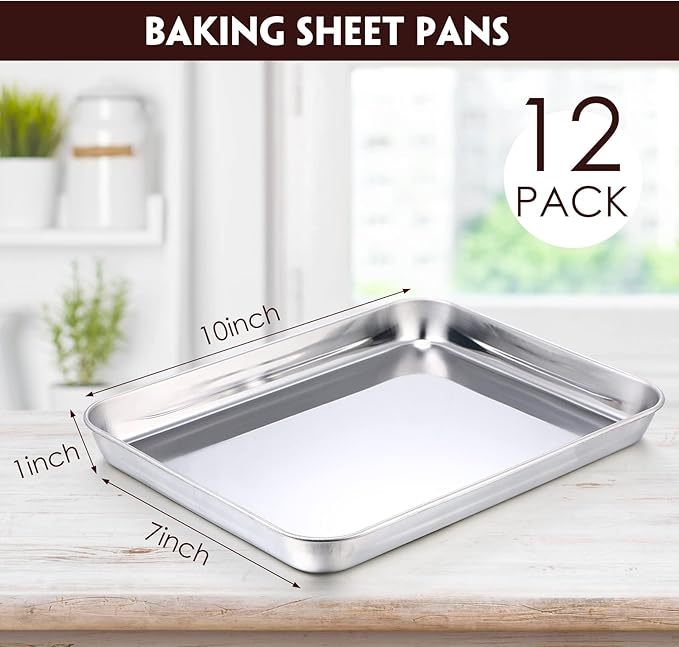 Zopeal 12 Pieces Baking Sheet Pan Cookie Sheet Set for Oven Stainless Steel Trays Nonstick Small Serving Tray Cake Toaster Metal Food Trays, Oven and Dishwasher Safe(10 x 8 x 1 Inch)