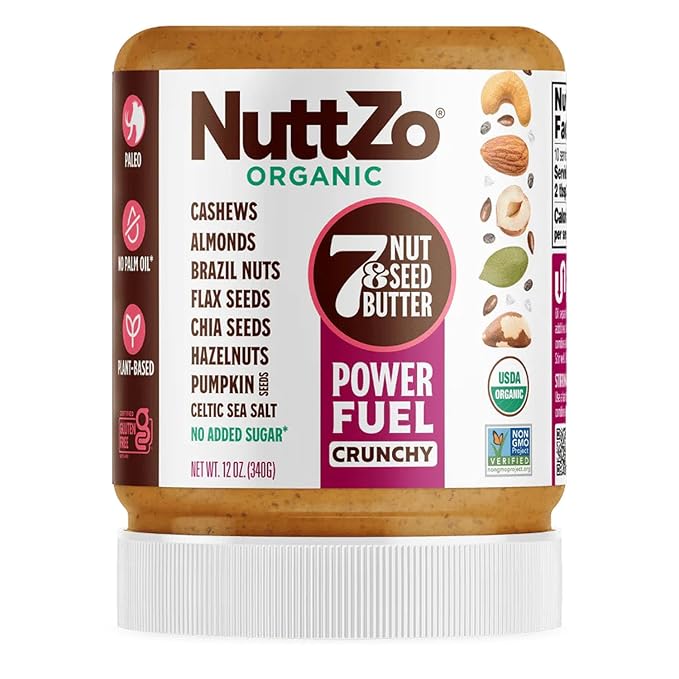 NuttZo Organic Power Fuel 7 Nuts and Seeds Butter, Crunchy, Paleo and Keto Friendly, Peanut and Gluten Free, Vegan, Kosher, No Added Sugar or Oil, 12 oz Jar