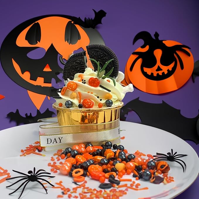 Halloween Sprinkles Edible Pumpkin Sprinkles Orange Black Pearl Sprinkles Halloween Candy Sprinkles for Cake Cupcakes Toppers Decoratings