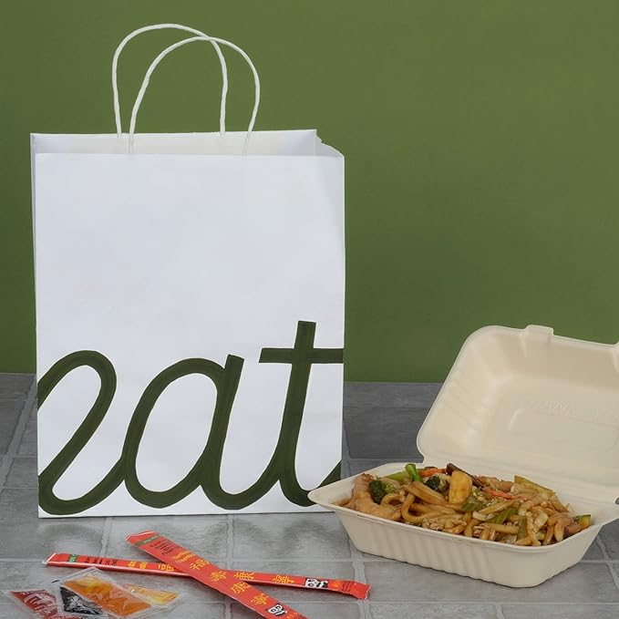 Prime Line Packaging White Paper Bags, Kraft Gift Bags with Handles for Small Business, Shopping, Take-out Goodie, Bistro, Boutique, Bulk, 10x6.75x12, 100 Pack