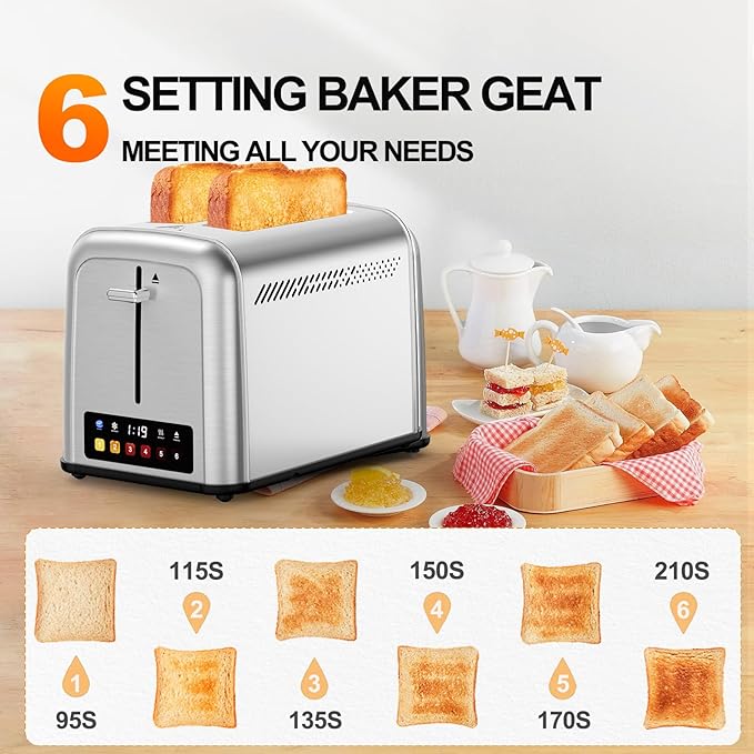 Touch Screen Toaster 2 Slice Retro Stainless Steel,Best Prime 2 Slice Toaster Wide Solt with 6 Shade Settings, Perfect for Waffles, Bagels and More 238TC(Silver)