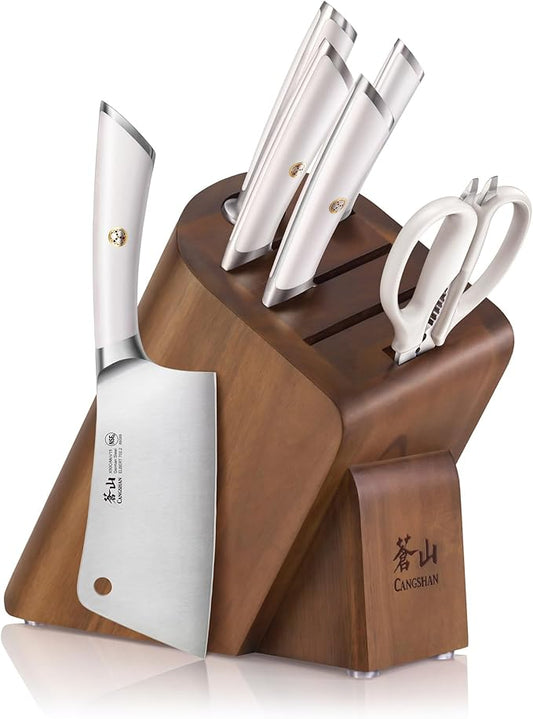 Cangshan ELBERT Series German Steel Forged Cleaver Knife Block Sets, Acacia (7-Piece, White)
