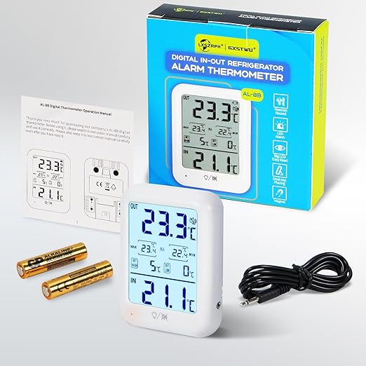 2Packs Digital Freezer Thermometer Fridge Temperature with Alarm, Backlight, Magnet, Power On/Off, Max/Min Temperature for Home, Restaurants, RV, External Sensor, AAA Battery (2)