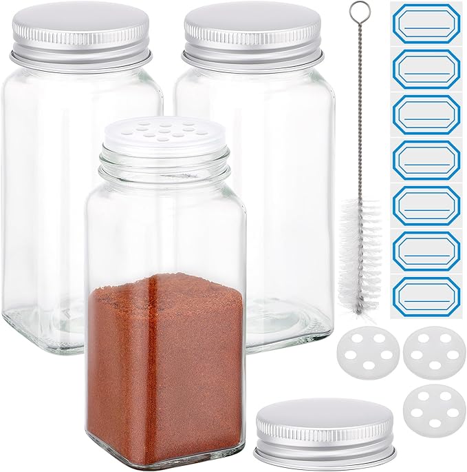 Segarty 4oz Spices Jars with Silver Aluminum Lid, 3PCS 120ml Square Spice Bottles for Salt Pepper Storage, Empty Glass Small Seasoning Container Set, Seasoning Cereals Organizer, 7 Stickers, 1 Brush