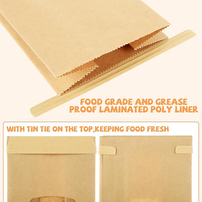 QTLCOHD 150 Pcs Small Bakery Bags with Window 3.54 x 2.36 x 6.7 Brown Tin Tie Tab Lock Kraft Paper Bread Bags for Cookies, Treat, Coffee, Pastry