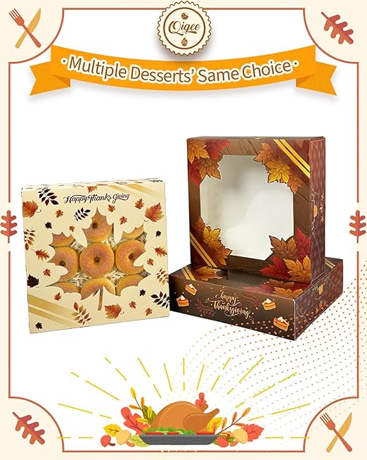 qiqee Thanksgiving Cookie Boxes with Window Autumn Maple Leaf Treat Boxes Bakery Pastry Box Auto-pop up 30pcs 8x8x2.5 Inch For Fall Harvest, Wedding, Thanksgiving Party Supplies