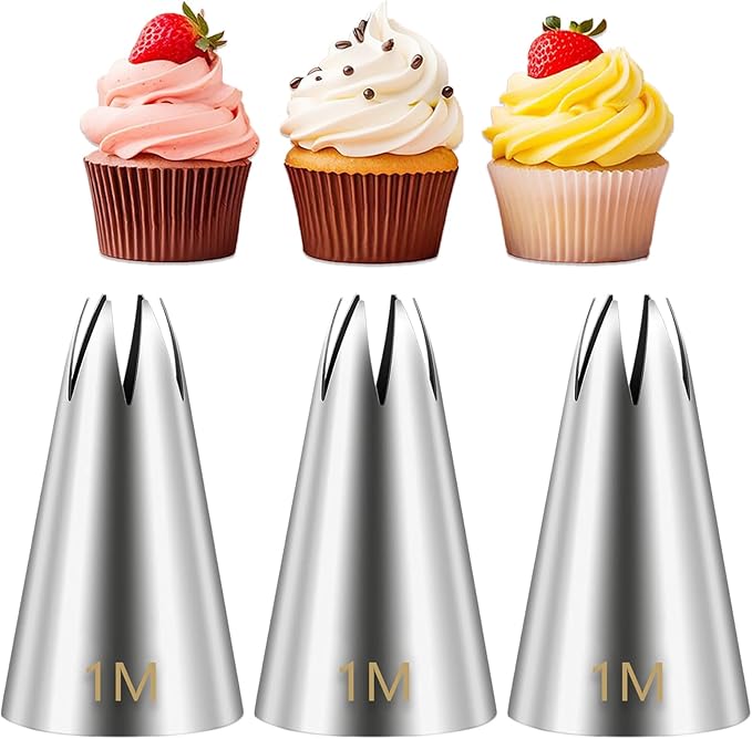Suuker 1M Cake Decorating Tips, Stainless Steel Large Star Piping Tips Set, Open Star Frosting Tips for Cupcakes, Cookie and Cake Decorating, 3 Pieces