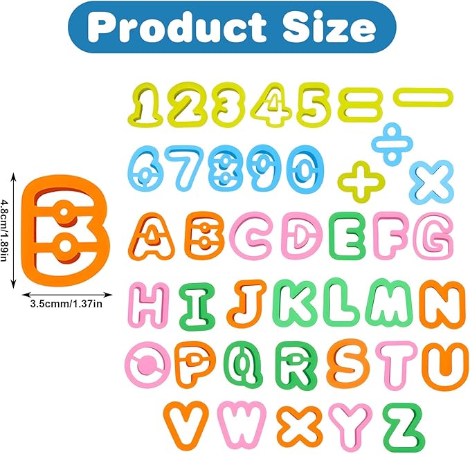 41PCS Alphabet playdough Cutter Set with Numbers Cutters, Mathematical Symbols, Colorful alphabet cookie cutters, Durable fondant letter cutter for Learning Letters, Number, Counting, and Crafting