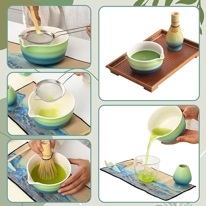 Matcha Whisk Set, 8 Pcs Ceramic Match Bowl with Spout and Bamboo Matcha Whisk and Holder, Bamboo Spoon and Scoop, Sifter, Tea Towel, Matcha Kit for Matcha Tea Ceremony (Gradient Blue Green)
