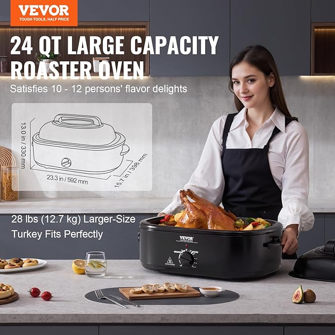 VEVOR Electric Roaster Oven with Defrost & Warm Function, 24 QT Turkey Roaster Oven with Self-Basting Lid, 1450W, Adjustable Temp, Removable Pan & Rack, Fits Turkeys Up to 28LBS, Black