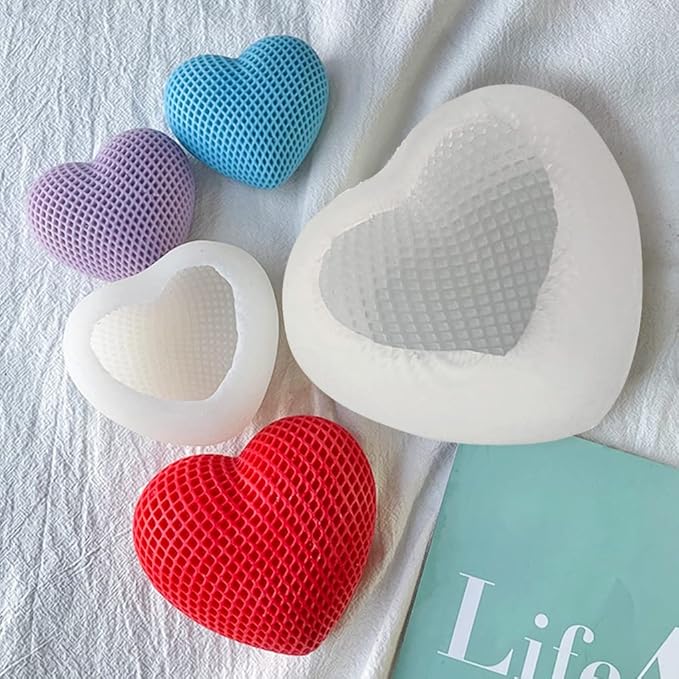 FineInno 2pcs 3D Heart Candle Resin Mold, Grids Love Heart Silicone Molds for Candle Soap Making, Woven Love Epoxy Mould for DIY Bath Bomb Fondant Chocolate Cake Decor