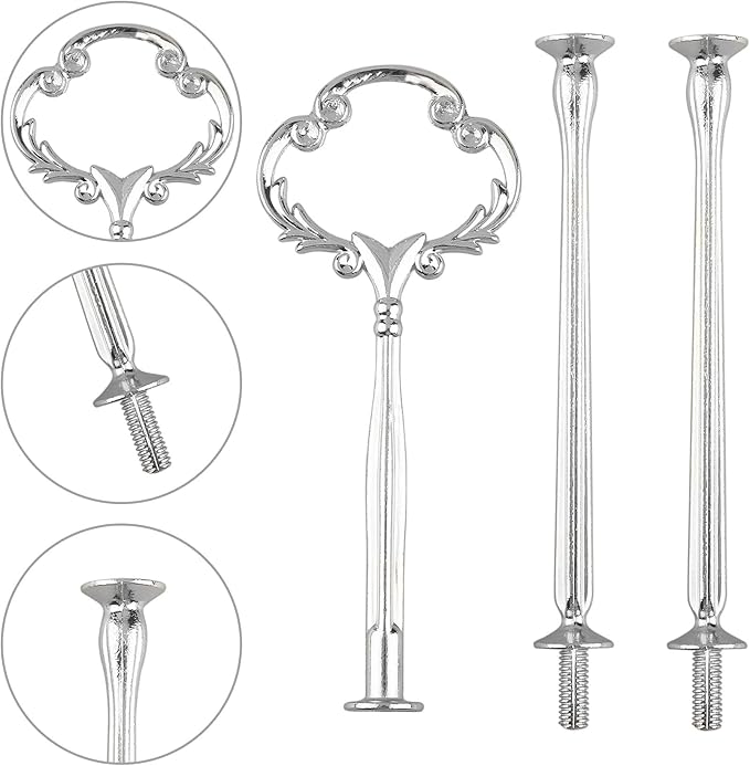 3 Tier 14" Heavy Metal Cake Stand Holder Fruit Plate Stand Fitting Hardware Rod with Stylus (Sliver_Sun Flower)