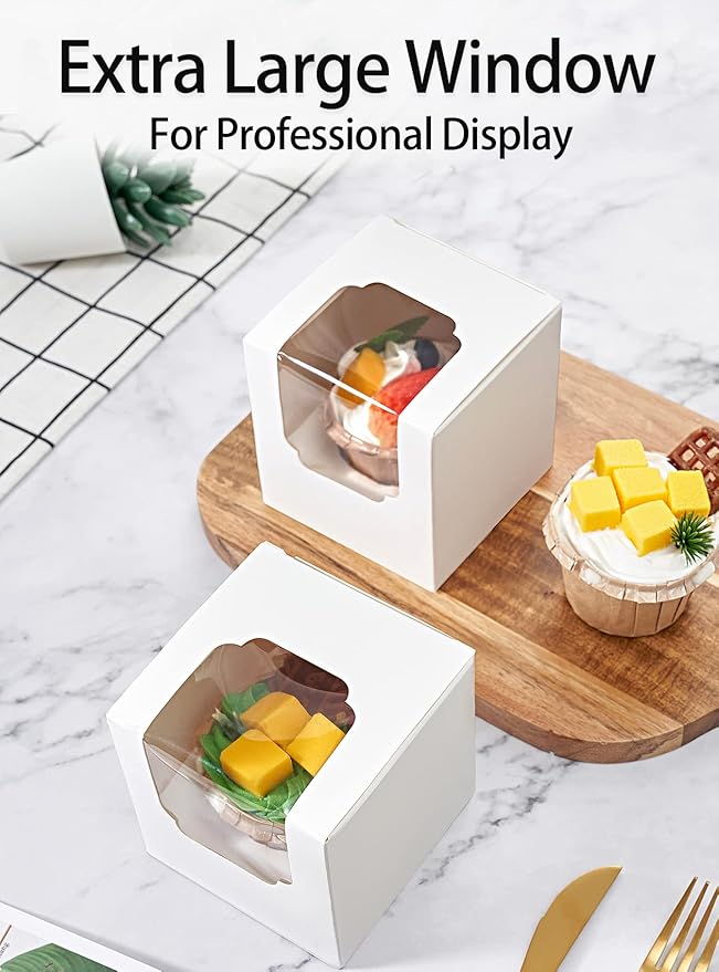 Happyhiram Cupcake Boxes 200 Pcs Bulk white Individual Cupcake Box, Single Cupcake Containers Paper Holders with Inserts and Window for Muffins Cocoa Bombs Packaging Togo Boxes