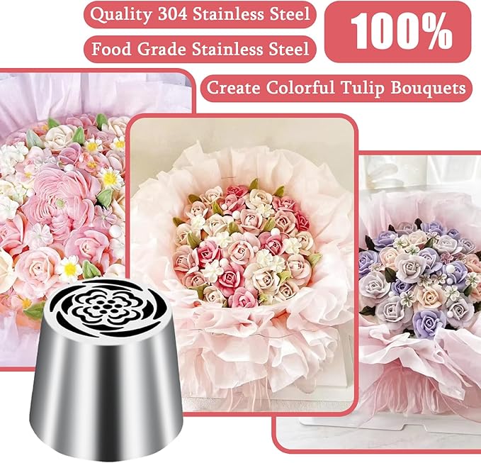 Extra Large Russian Piping Tip Stainless Steel Rose Floral Piping Nozzle Icing Piping Kit for Cake Decorating Flower Frosting Piping Pastry Cupcakes Cakes Cookies Desserts Baking Tool