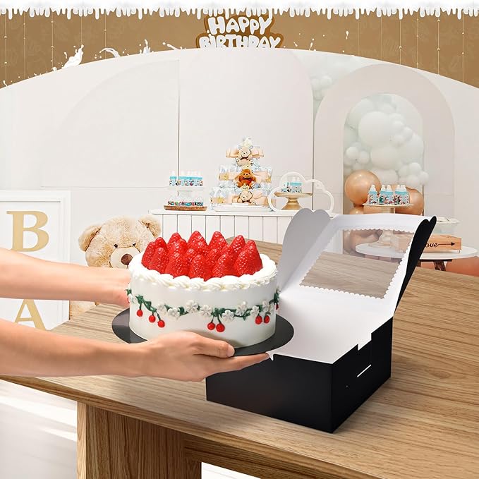 32Pcs 10 Inch Cake Boxes with Cake Boards (16Pcs Black Cake Boxes, 16Pcs Cake Boards), 10x10x5 Inch Bakery Boxes with Window, Cake Carrier Container for Birthday Party, Wedding