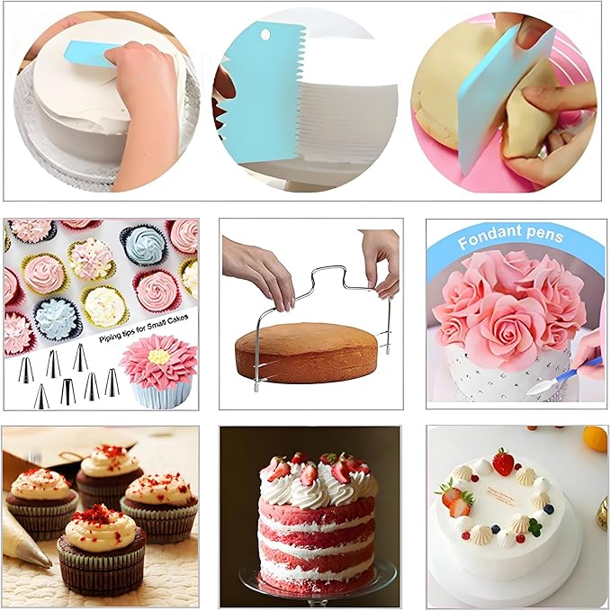 248 Pcs Cake Decorating Kit with Cake Turntable,Cake Leveler,24 Numbered Icing Piping Tips,2 Spatulas,3 Comb Scrapers,5 Bag Ties,8 Carved Pens,100 Pastry Bags,50 Cupcake Liners,50 Cake Flags