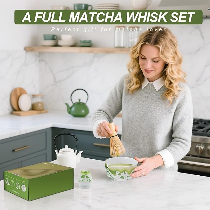 Matcha Whisk Set 7 Pcs Ceramic Matcha Set Includes Matcha Bowl, Matcha Whisk and Holder, Bamboo Scoop, Scoop Rest, Sifter and Tea Towel - Matcha Kit for Matcha Lovers
