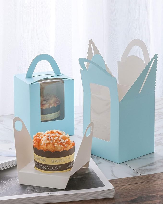 qiqee Light Blue Cupcake Boxes Individual Cupcake Holders Disposable 50pcs Single Cupcake Boxes with Window 3.6 * 3.6 * 4.3inch Cupcake Containers