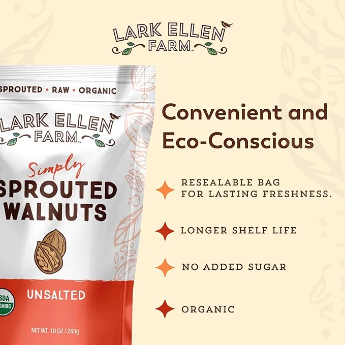 Lark Ellen Farm Organic Sprouted Walnuts – Raw, Unsalted, Keto-Friendly, Healthy Vegan Snack, Gluten-Free, 10 Oz, 3 Pack