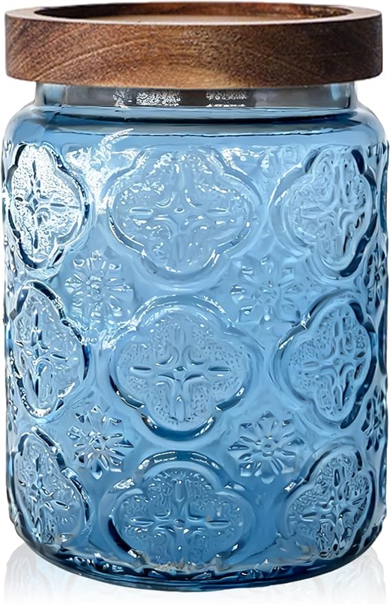 Glass Jar with Airtight Wood Lid – 24 OZ Kitchen Pantry Bathroom Storage Canister, Decorative Vintage Container for Candy, Salt, Coffee, Cookie, Cereal, Nuts, Oats, Flour, Sugar, Tea, Blue Begonia