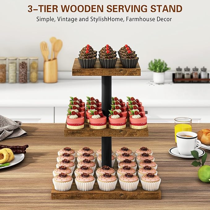 IBUYKE 3 Tier Cupcake Stand,Wood Durable Cupcake Tower,Square Serving Dessert Display Stand,Cupcake Tray Stand,Dessert Tree Tower for Christmas Birthday,Home Party, Wedding, Baby Shower,Rustic Brown UTLJ014H