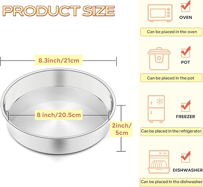 Herogo 8 Inch Round Cake Pan Set of 3, Stainless Steel Nonstick Layer Tier Birthday Wedding Cake Pans, Fit Oven Pots Pressure Cooker, Mirror Finish, Dishwasher Safe