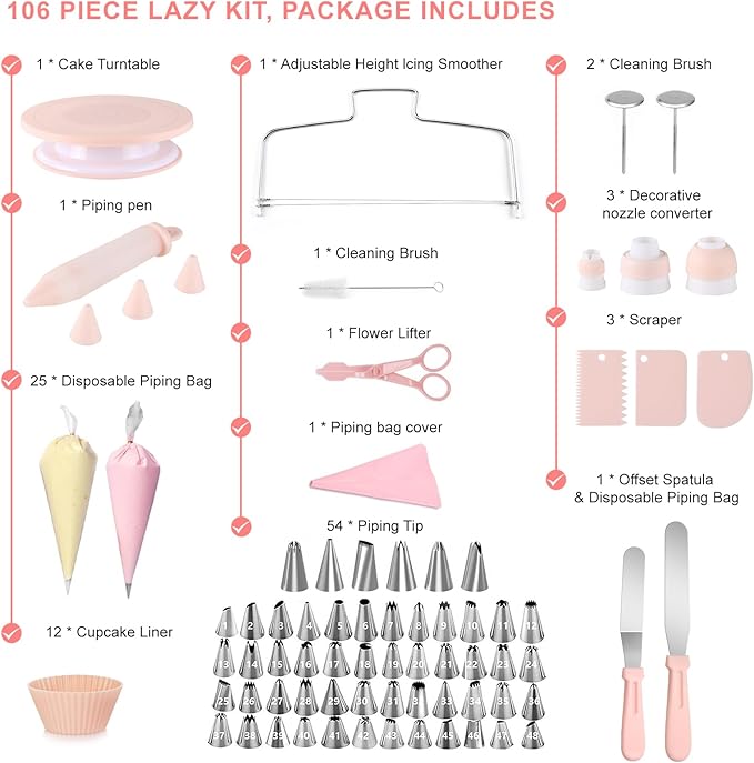 107PCS Cake Decorating Kit Includes Revolving cake turntable for decorating, Icing Bags and Tips Set, 2 Spatulas, 3 Cake Scraper, 25 Piping Bags, frosting piping kit, and 3 Coupler for Baking