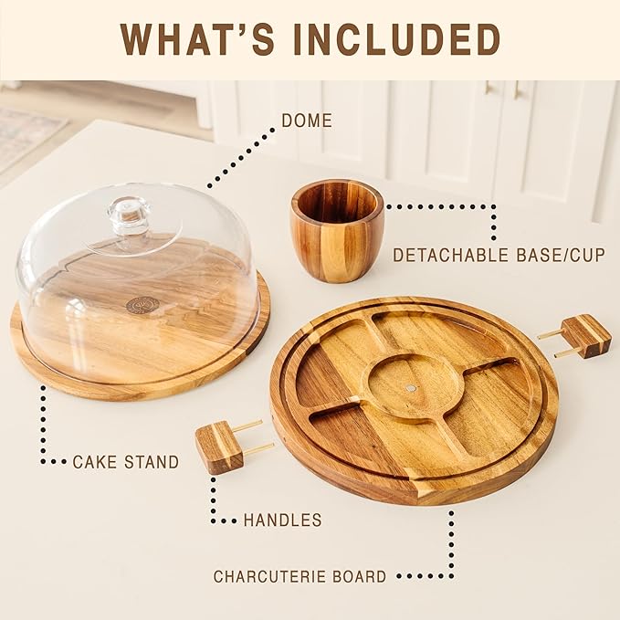 Acacia Wood Cake Stand with Lid – 3-in-1 Split Design, Magnetic Base with Detachable Handles & Acrylic Cake Stand Dome Cover – Charcuterie Board, Serving Platter for Cakes, Cheese & More (11”)