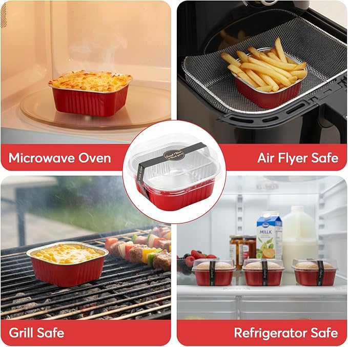 Ruckae 10oz100 Pcs Square Mini Loaf Pans with Lids-Disposable Foil Dessert Containers,Mini Cake Pans with Lids,Aluminum Dessert Cups for Parties and Weddings (Red, 10oz)