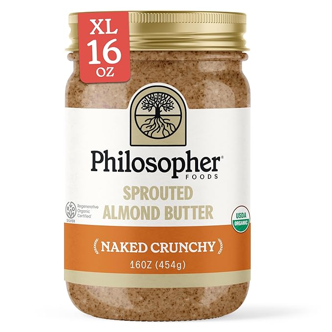 Philosopher Foods - Naked Crunchy Organic Sprouted Almond Butter - 16 oz - Stone Ground Regenerative Organic Crunchy Almond Nut Butter No Sugar Added