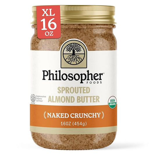 Philosopher Foods - Naked Crunchy Organic Sprouted Almond Butter - 16 oz - Stone Ground Regenerative Organic Crunchy Almond Nut Butter No Sugar Added