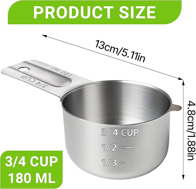 2 Pcs 3/4 Cup Measuring Cup, 180ml (6oz) Stainless Steel Scoop for Cooking, Baking, and Coffee, Dishwasher Safe, Dual Metric and US Measurement
