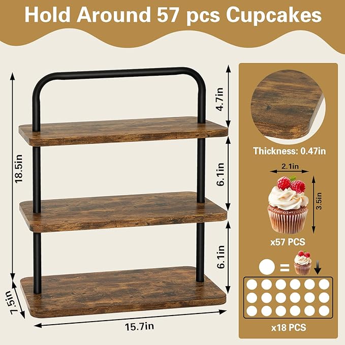 IBUYKE Wood Cupcake Stand,3 Tier Dessert Stand,Set of 2,Cupcake Stand for 50 Cupcakes,Cupcake Tower Dessert Display Stand for Party, Christmas, Wedding, Baby Shower, Serving Tray,Rustic Brown UTLJ013H-2