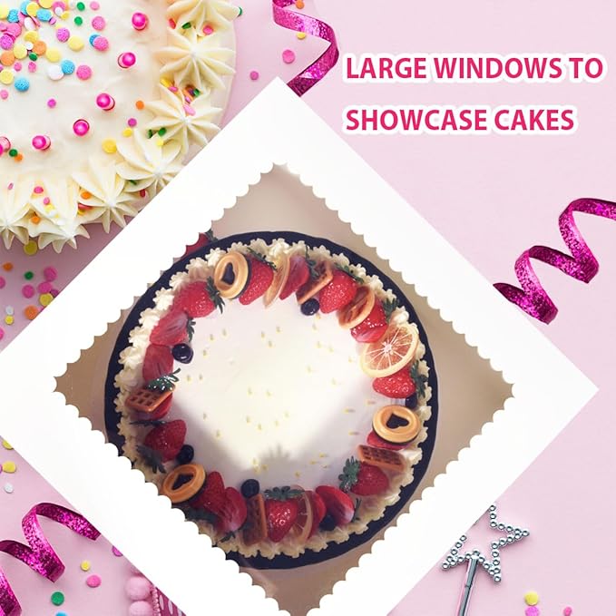 JJO Cake Boxes with Window 14x14x6 Inch 10 Pack,Wedding Cake Boxes,Large Cake Carrier,Disposable Cake Containers for Brownie,Pastries,Cheesecake