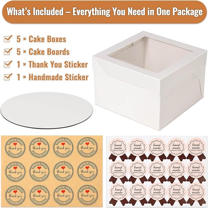 12 Pcs Cake Boxes 12 inch,12x12x8 Inches Cake Box with Window, 5 Pcs Tall 12x12 Cakes Boxes with 5 Pcs Cake Boards, Large Baking Boxes, White Square Cakes Containers for Multi-Layer Cakes