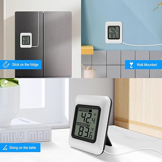 Urageuxy Digital Refrigerator Thermometer with Large LCD, Wired Freezer Room Indoor Outdoor Thermometer with Magnetic Back, Easy to Read