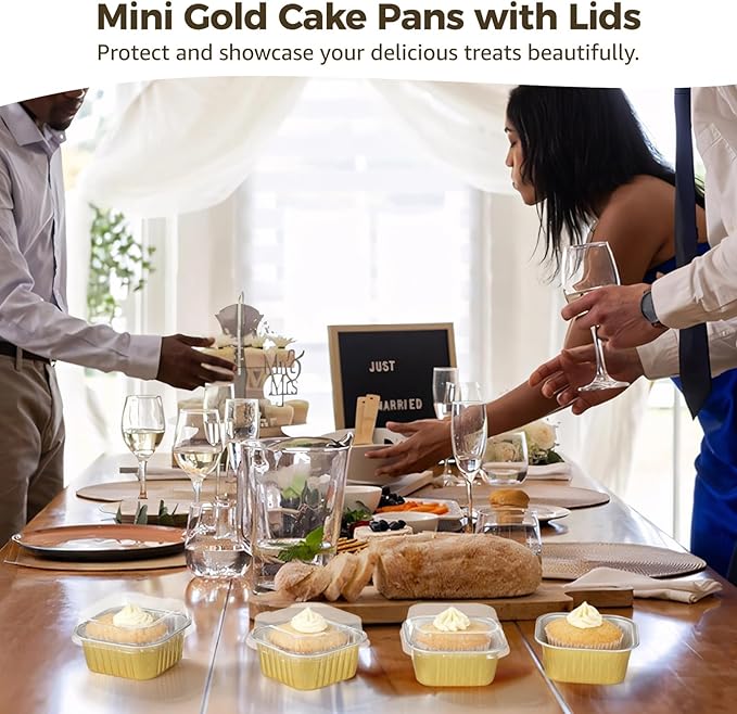 200Pcs Mini Cake Pans, 5 oz Small Cake Containers with Lids, Aluminum Foil Baking Cups, Golden Square Dessert Boxes, Cupcake Pans for Parties and Catering, Oven and Freezer Safe