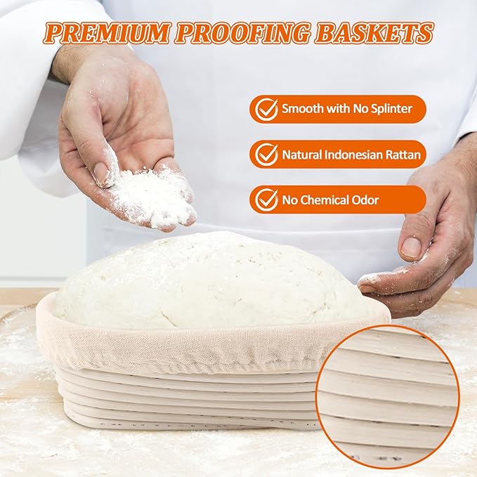 6 Pack Banneton Proofing Basket Set, 10 Inch Oval Sourdough Bread Proofing Baskets with Liners, Dough Rising Bowls for Professional & Home Bakers, Bread Making Tools & Baking Supplies